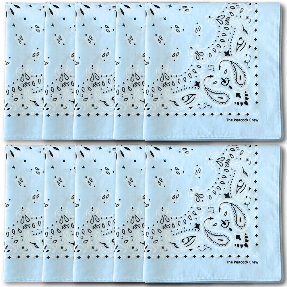 The Peacock Crew sky blue bandana with paisley pattern, ideal for outdoor events.
