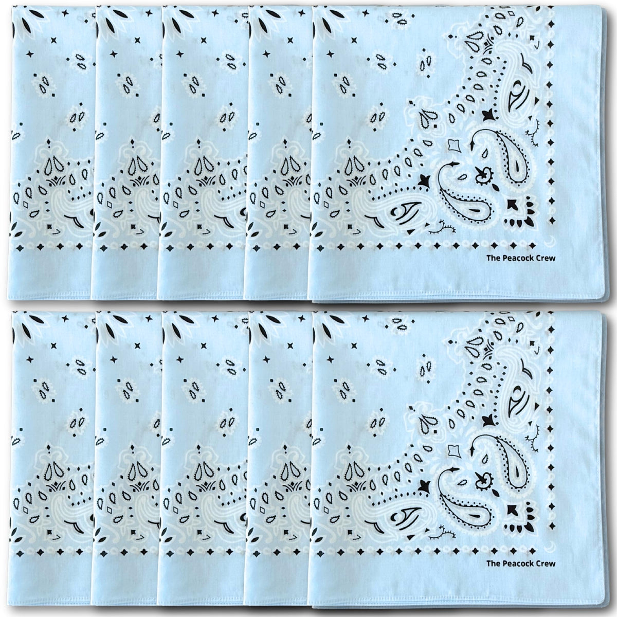 The Peacock Crew sky blue bandana with paisley pattern, ideal for outdoor events.