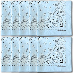 The Peacock Crew sky blue bandana with paisley pattern, ideal for outdoor events.