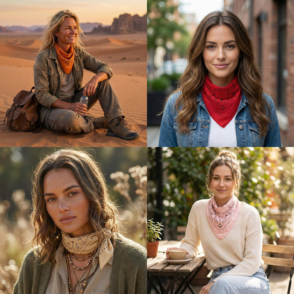 The Peacock Crew Sunset Almond bandana showcases timeless paisley for easy everyday outfits.