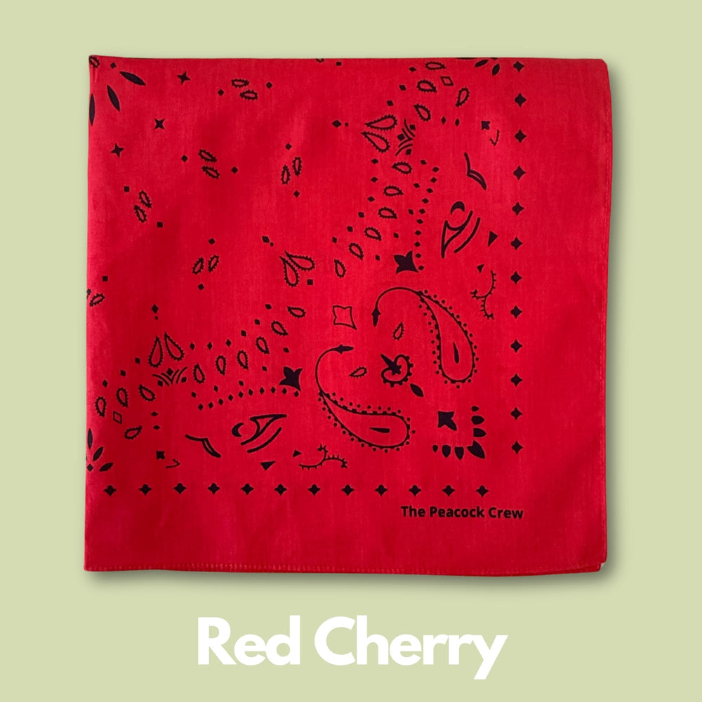 The Peacock Crew Sunset bandana worn as a neck wrap for a refined look.