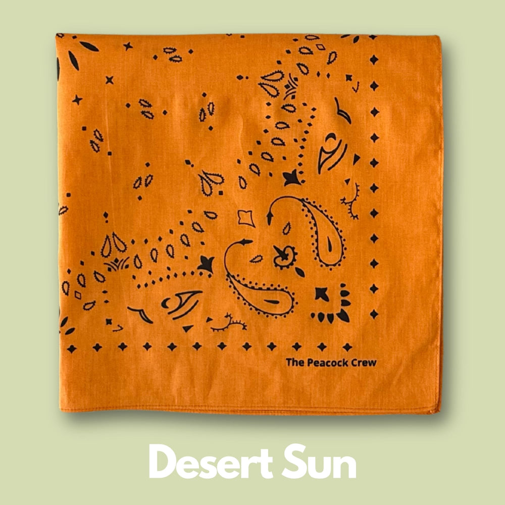 The Peacock Crew Sunset bandana used as a pet kerchief for coordinated outfits.