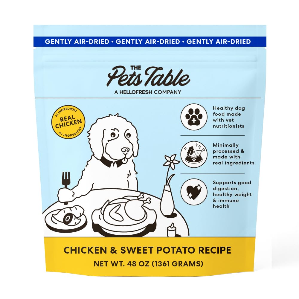 The Pets Table air-dried dog food bag showing premium ingredients for easy feeding.