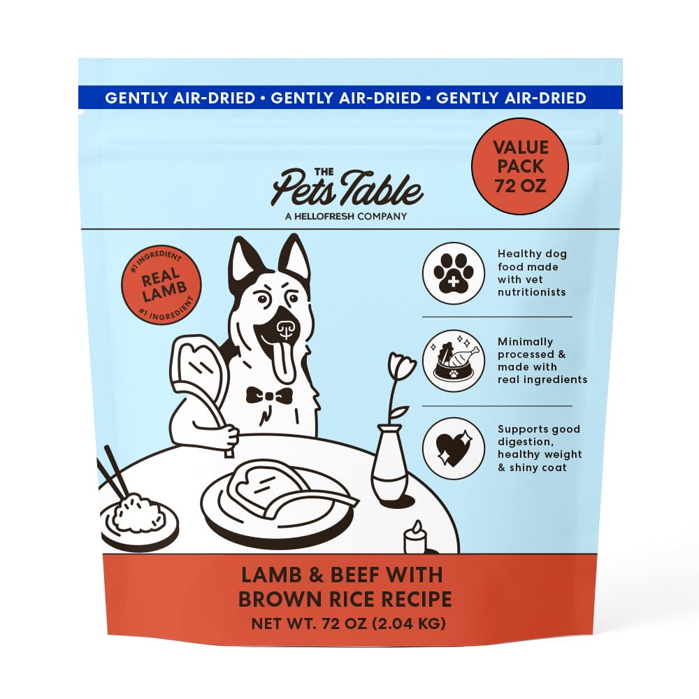 The Pets Table Lamb & Beef air-dried dog food bag with brown rice for balanced nourishment.