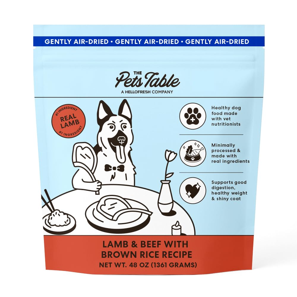 The Pets Table lamb-beef-brown-rice air-dried dog food bag—premium nutrition for all life stages.