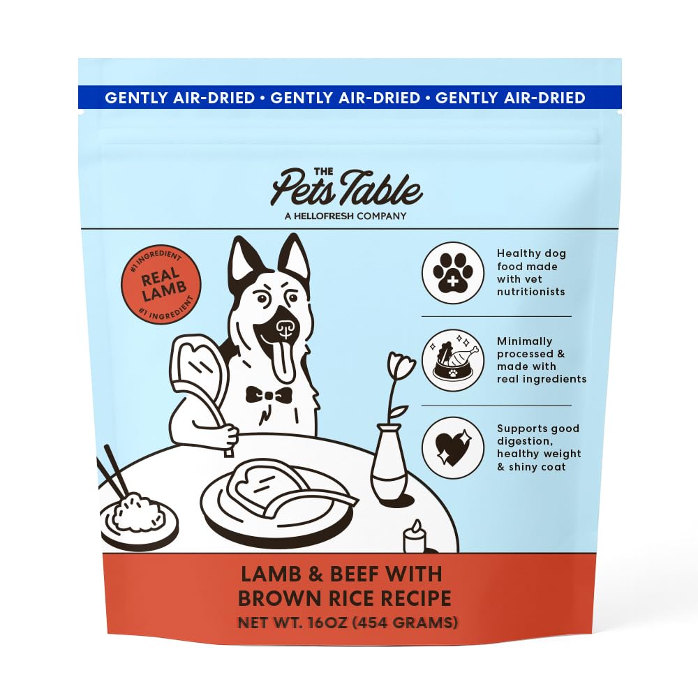 The Pets Table Lamb & Beef air-dried dog food bag showing balanced nutrition.
