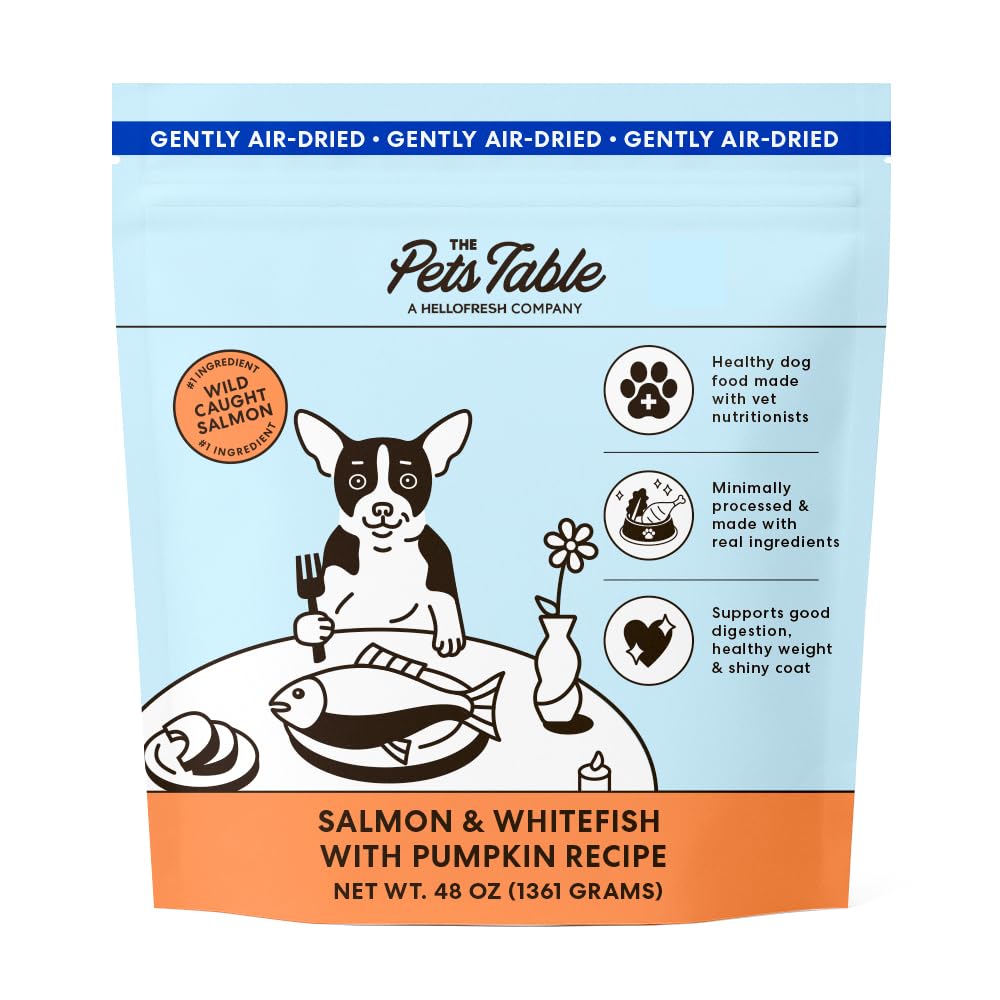 The Pets Table grain-free salmon and whitefish air-dried dog food bag, designed for sensitive stomachs.