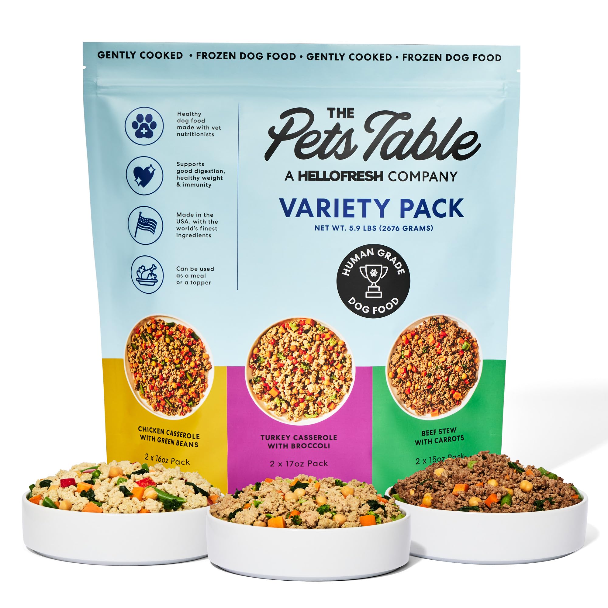 The Pets Table variety pack frozen dog food pouches ready to thaw for a wholesome meal.