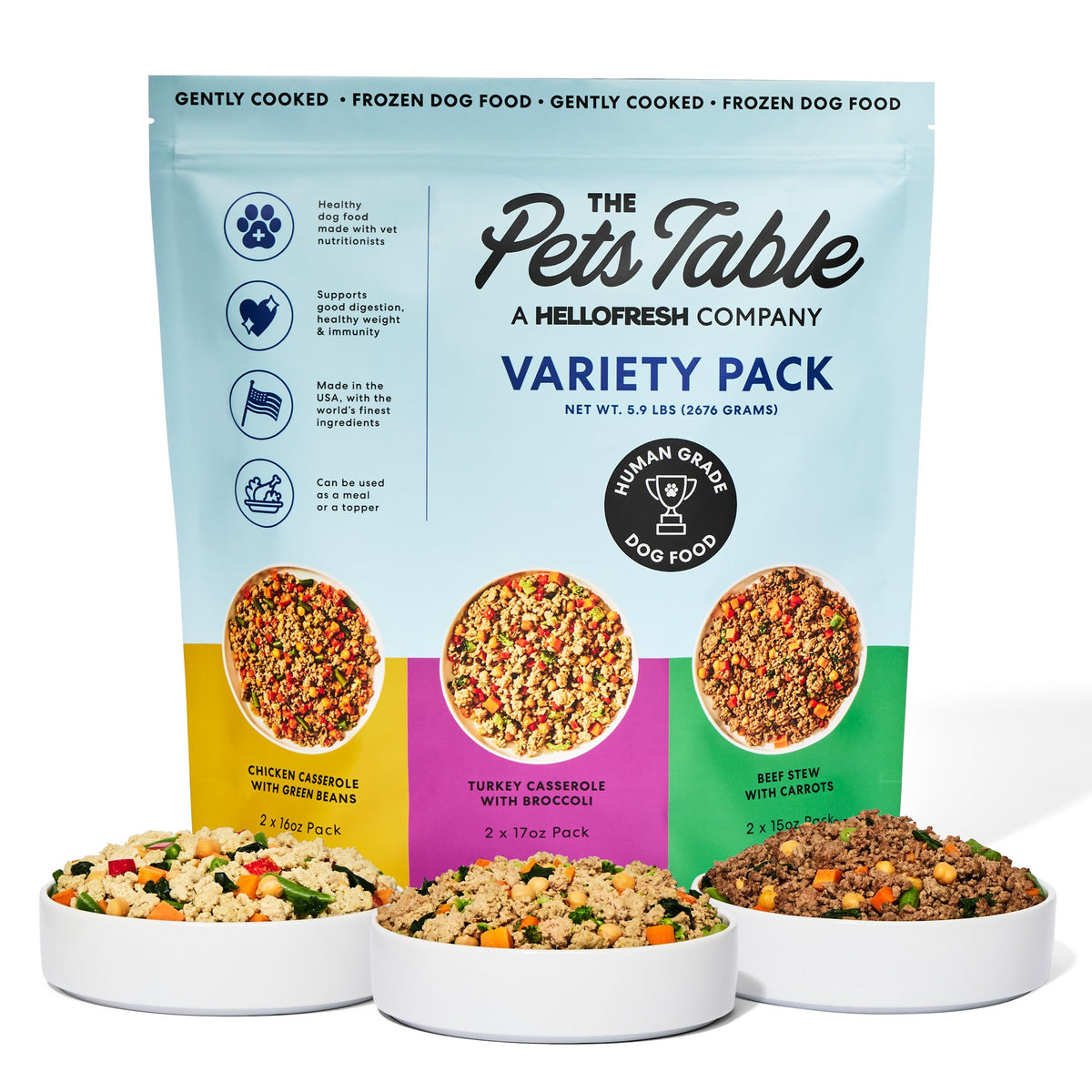 The Pets Table variety pack frozen dog food pouches ready to thaw for a wholesome meal.