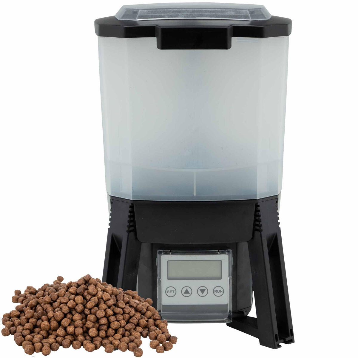 The Pond Guy KoiGrower feeder front view highlights compact, reliable feeding.