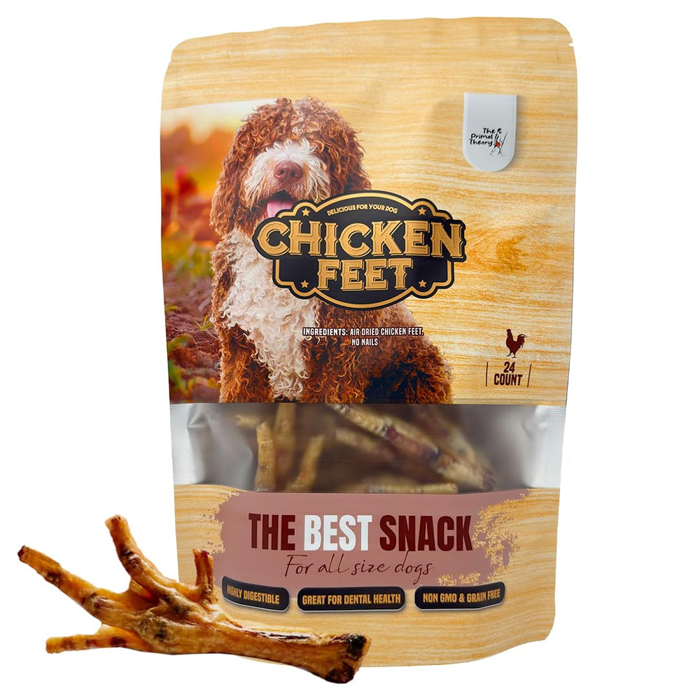 The Primal Theory dehydrated chicken feet bag closeup, pure and digestible.