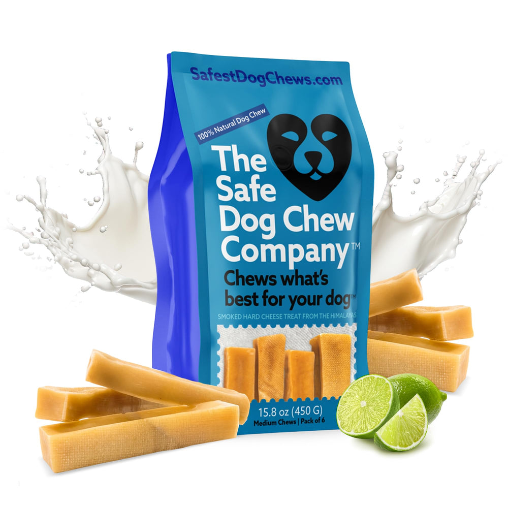 The Safe Dog Chew Company cheese chews six-pack in focus, highlighting long-lasting chew time