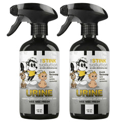 The Stink Solution urine odor eliminator spray bottle pour for easy surface deodorizing.