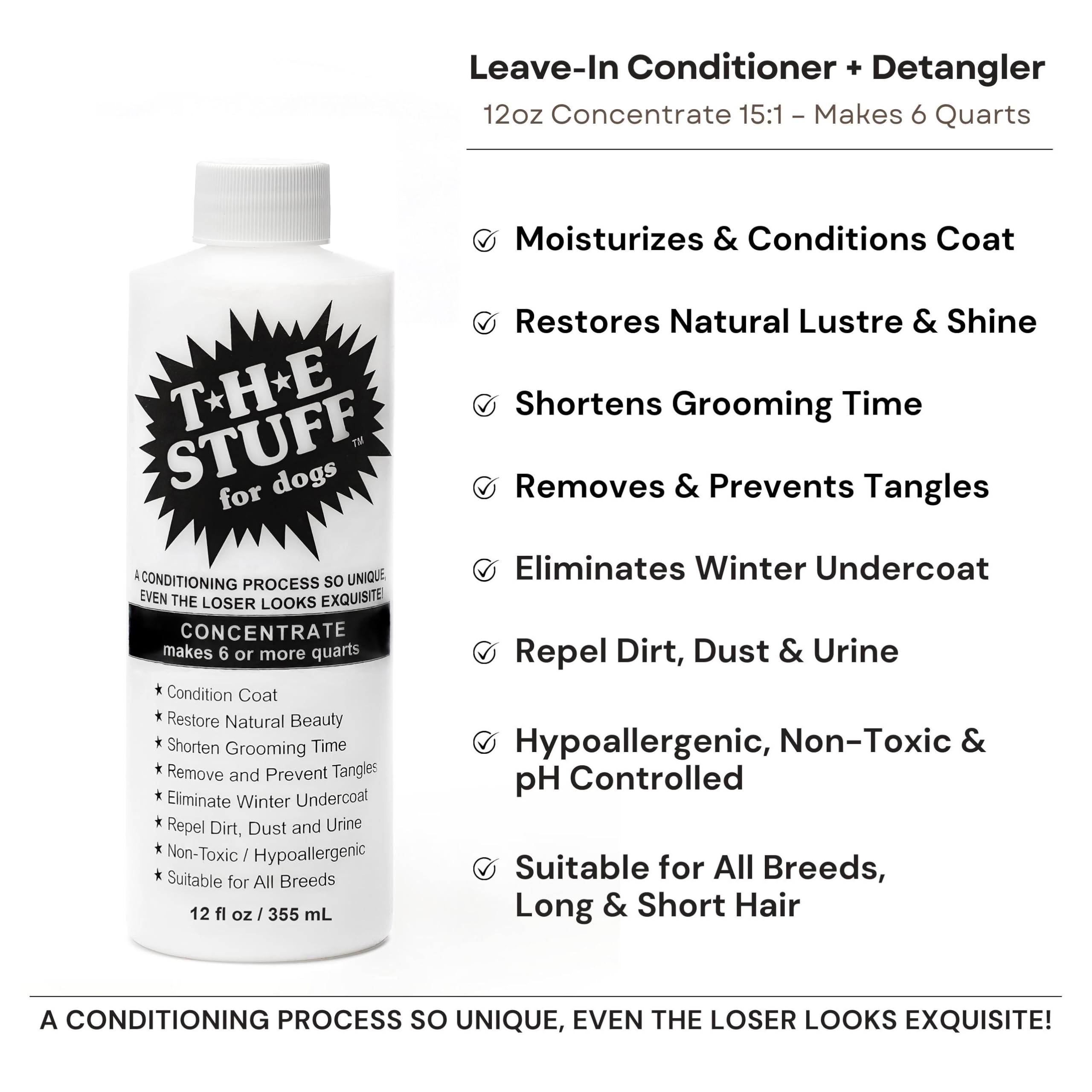 The Stuff concentrate 15:1 bottle label highlights simple dilution for frequent grooming.