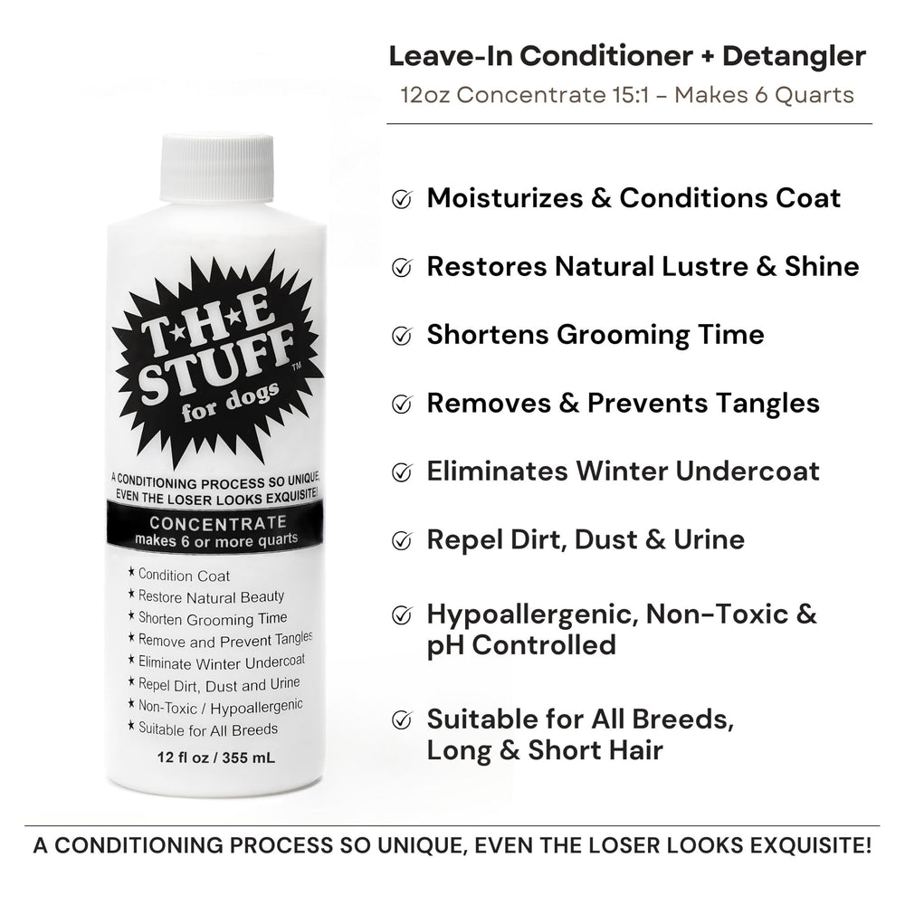 The Stuff concentrate 15:1 bottle label highlights simple dilution for frequent grooming.