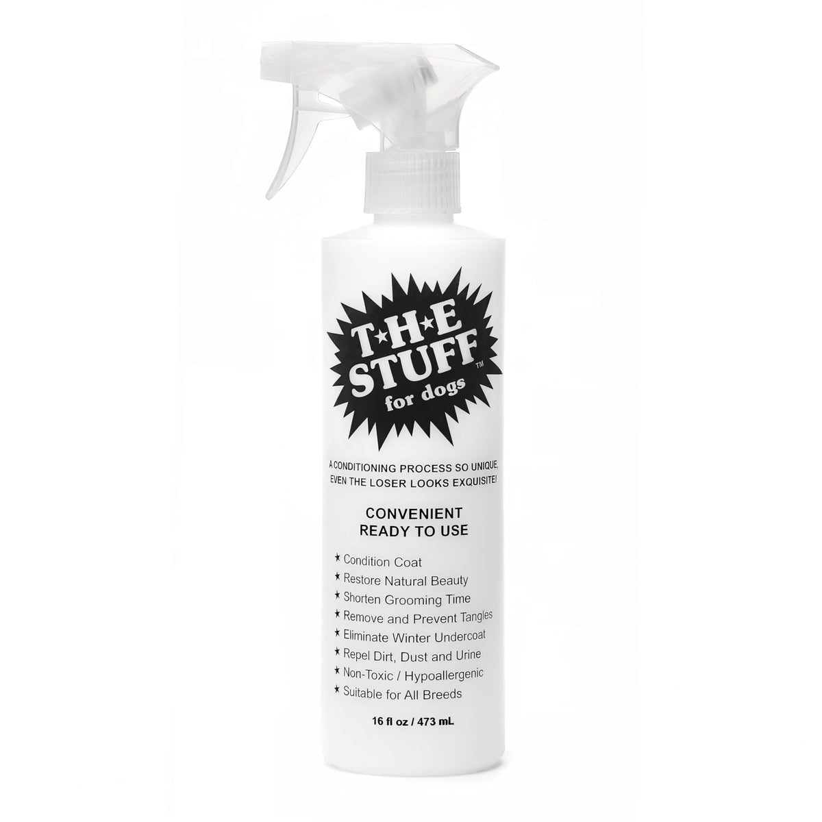 The Stuff Leave-in Dog Conditioner detangler bottle for smoother grooming and knot-free fur.