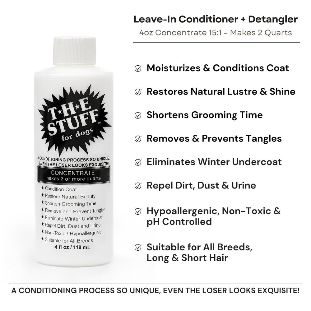 The Stuff Leave-In Detangler applied on wet fur for smoother combing and styling.