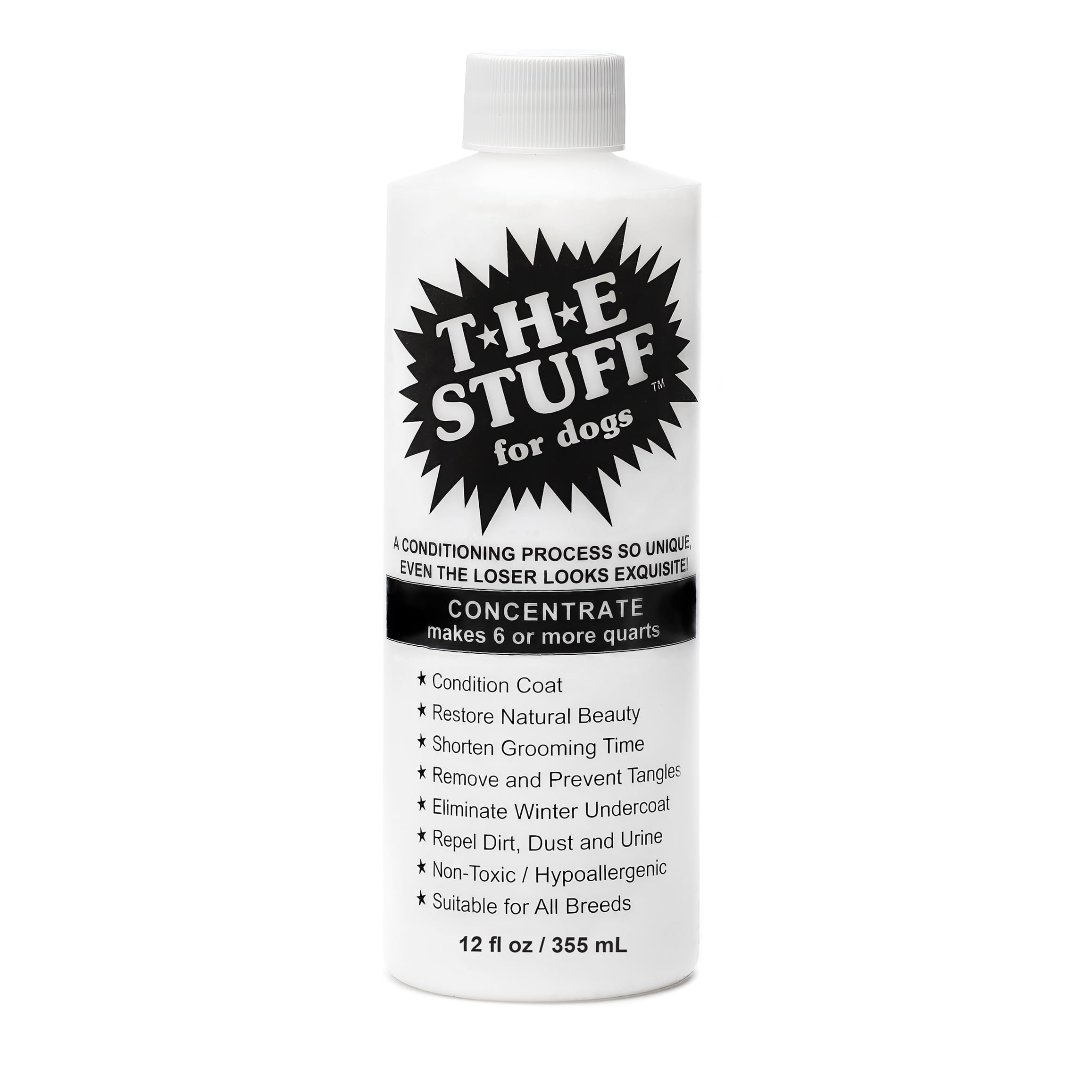 The Stuff leave-in detangler bottle pour demonstrates quick no-rinse grooming for dogs.