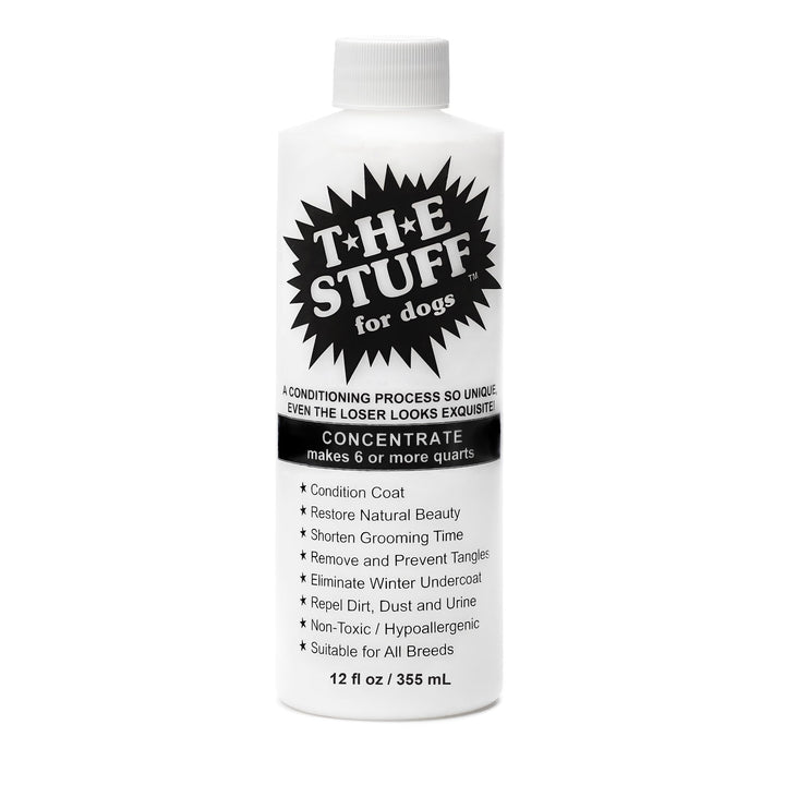 The Stuff leave-in detangler bottle pour demonstrates quick no-rinse grooming for dogs.
