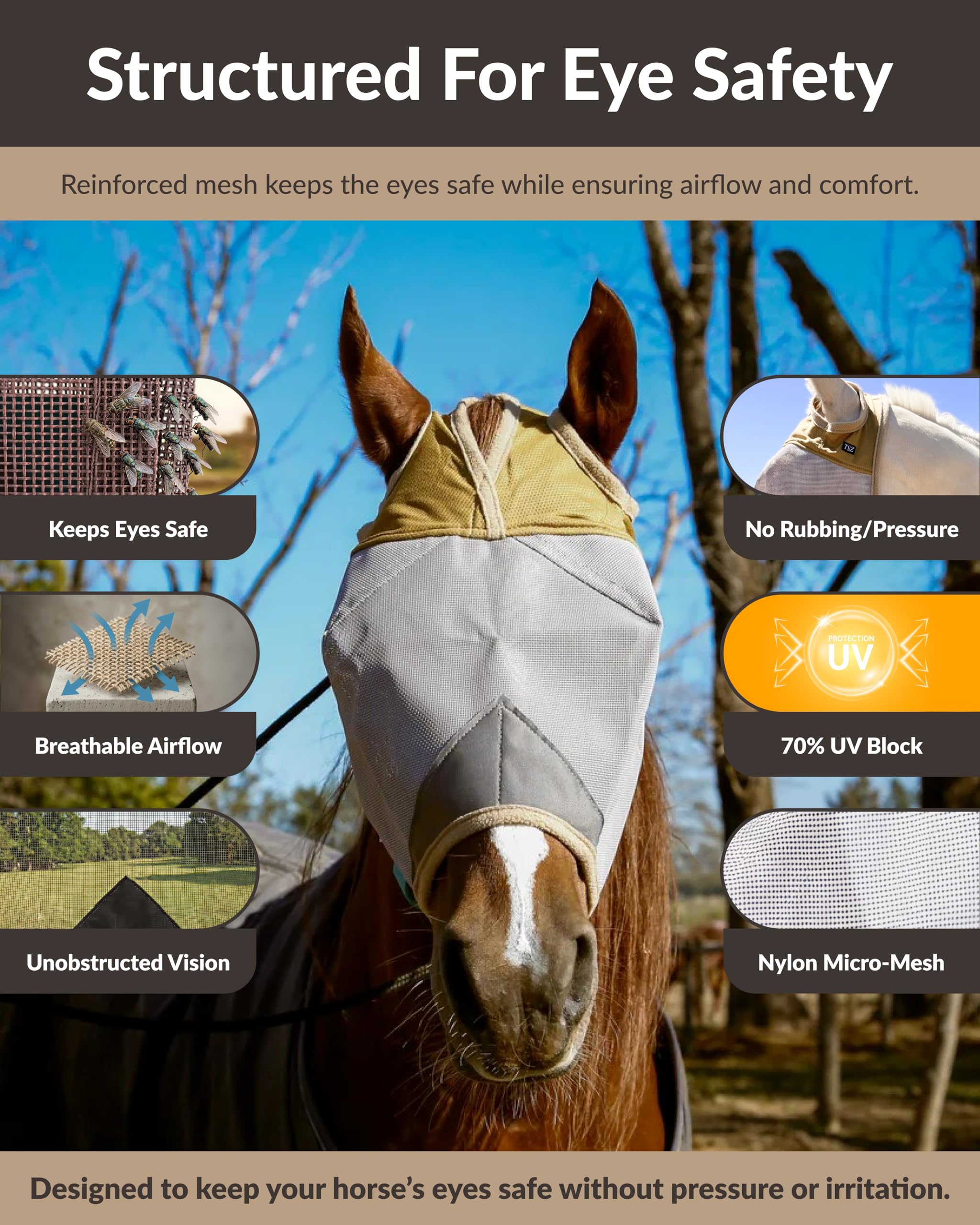 The Sunny Zebra size guide ensures a snug fit for standard horse measurements.