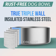 The Coldest Water Coldest Dog Bowl features spill-proof design for tidy feeding areas.