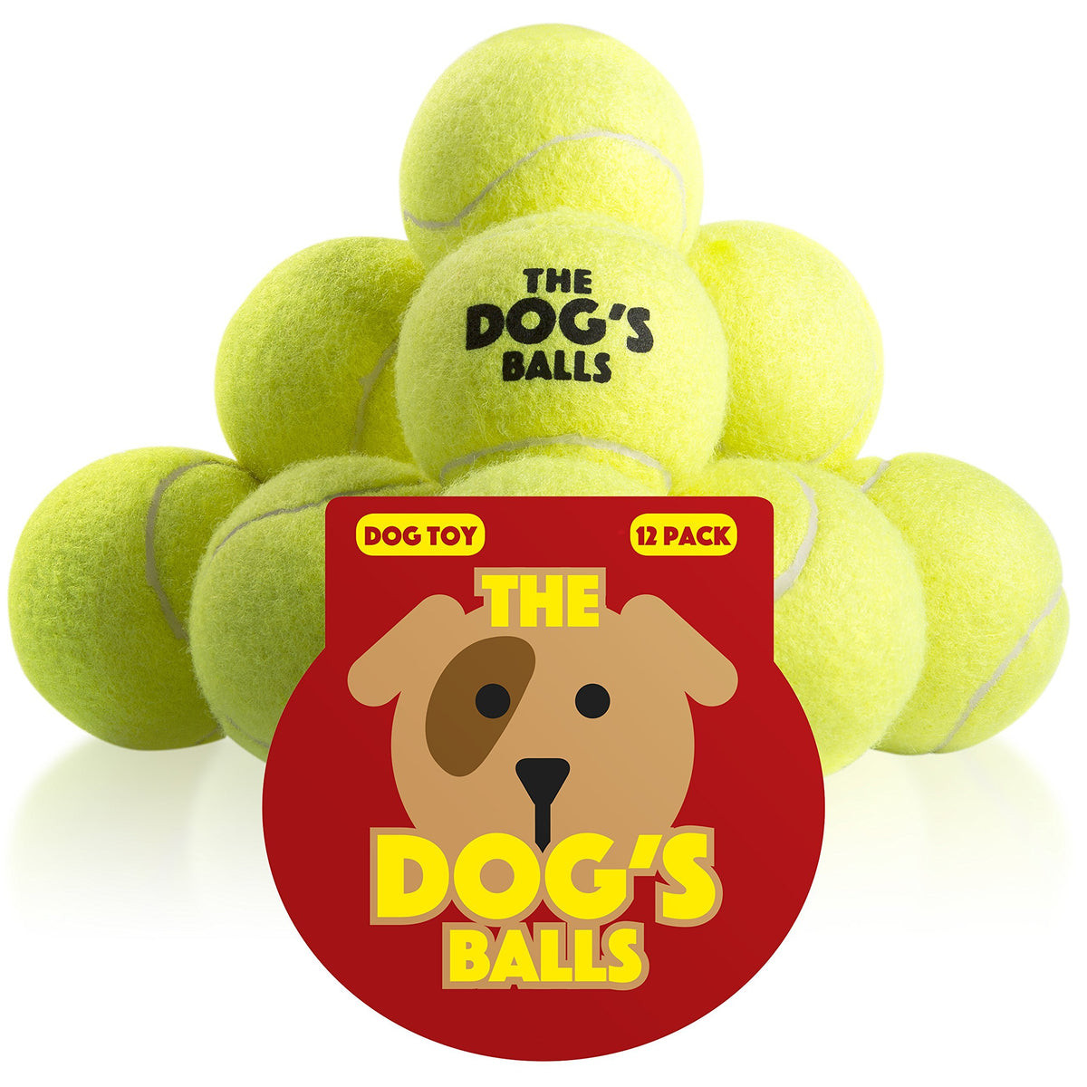 The Dog's Balls yellow tennis ball 12-pack for visible play and easy replacement.