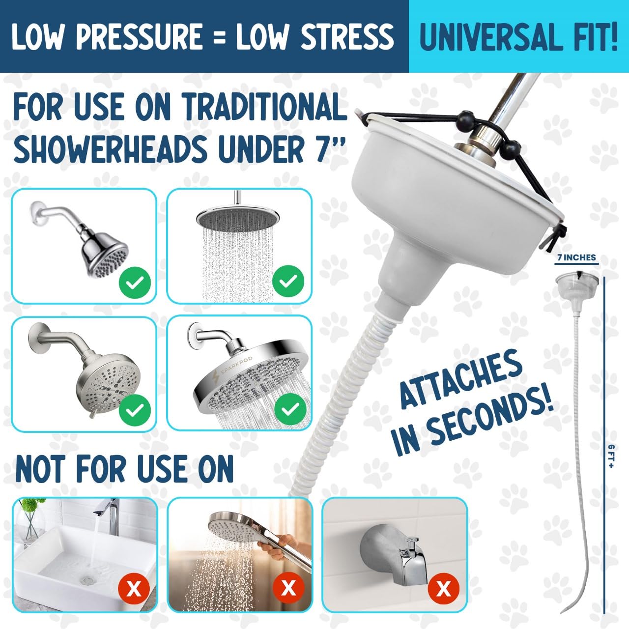 Dog washing hose connected to a shower head enabling gentle grooming.
