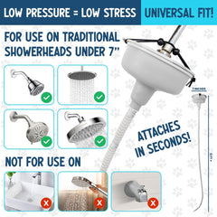 Dog washing hose connected to a shower head enabling gentle grooming.