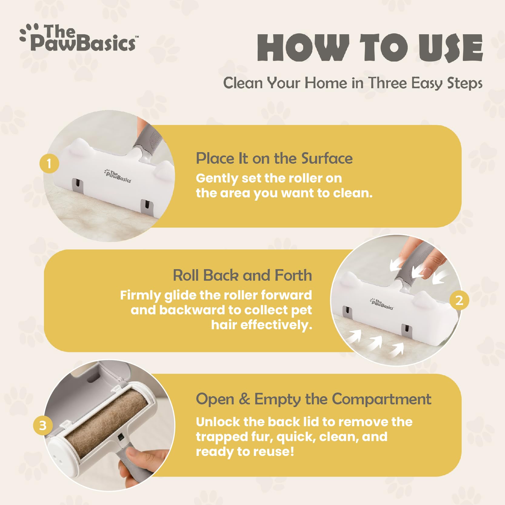 ThePawBasics pet hair remover roller in a car interior, cleans upholstery fur