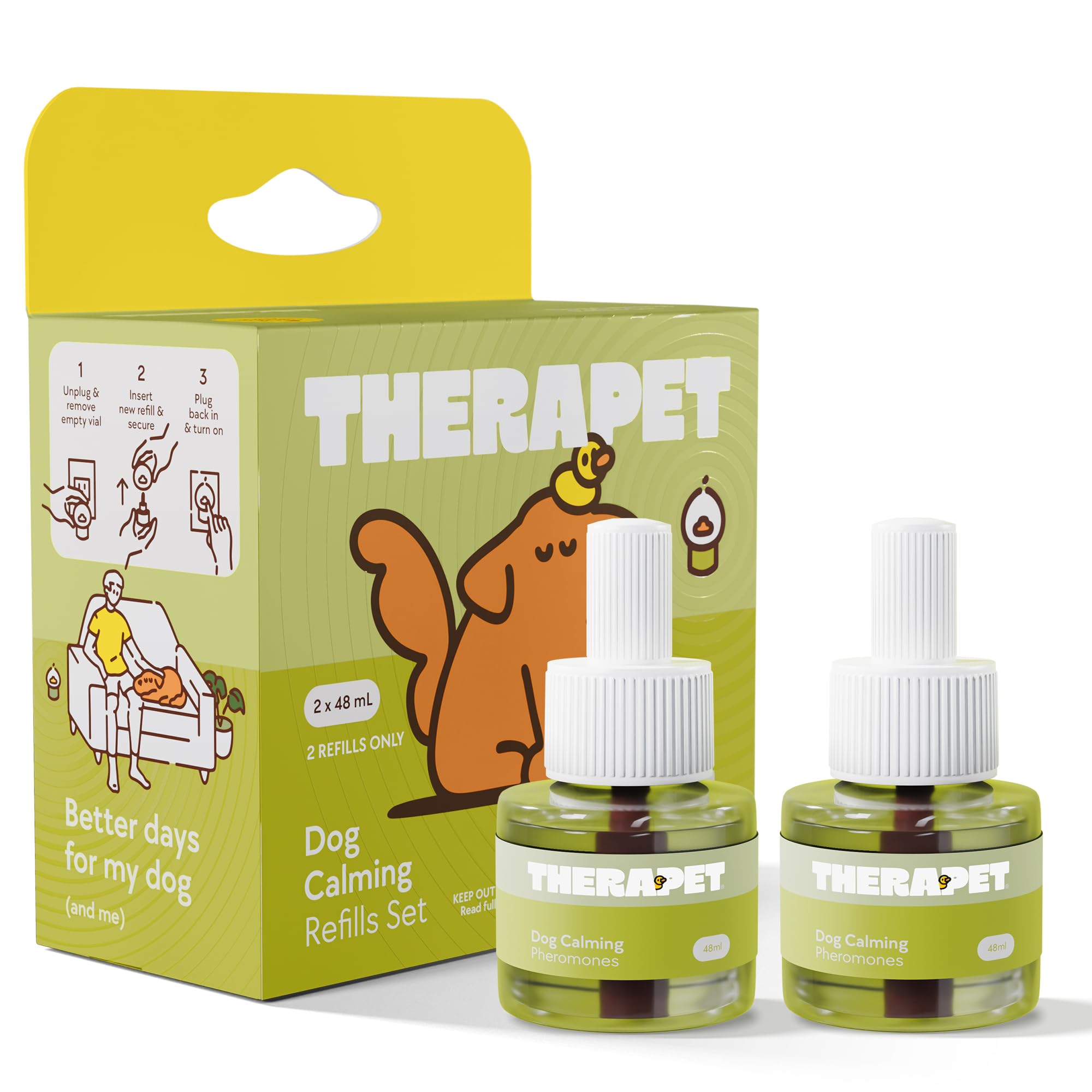 TherapetMD dog calming diffuser refill 2-pack shows a 60-day supply for anxious dogs.