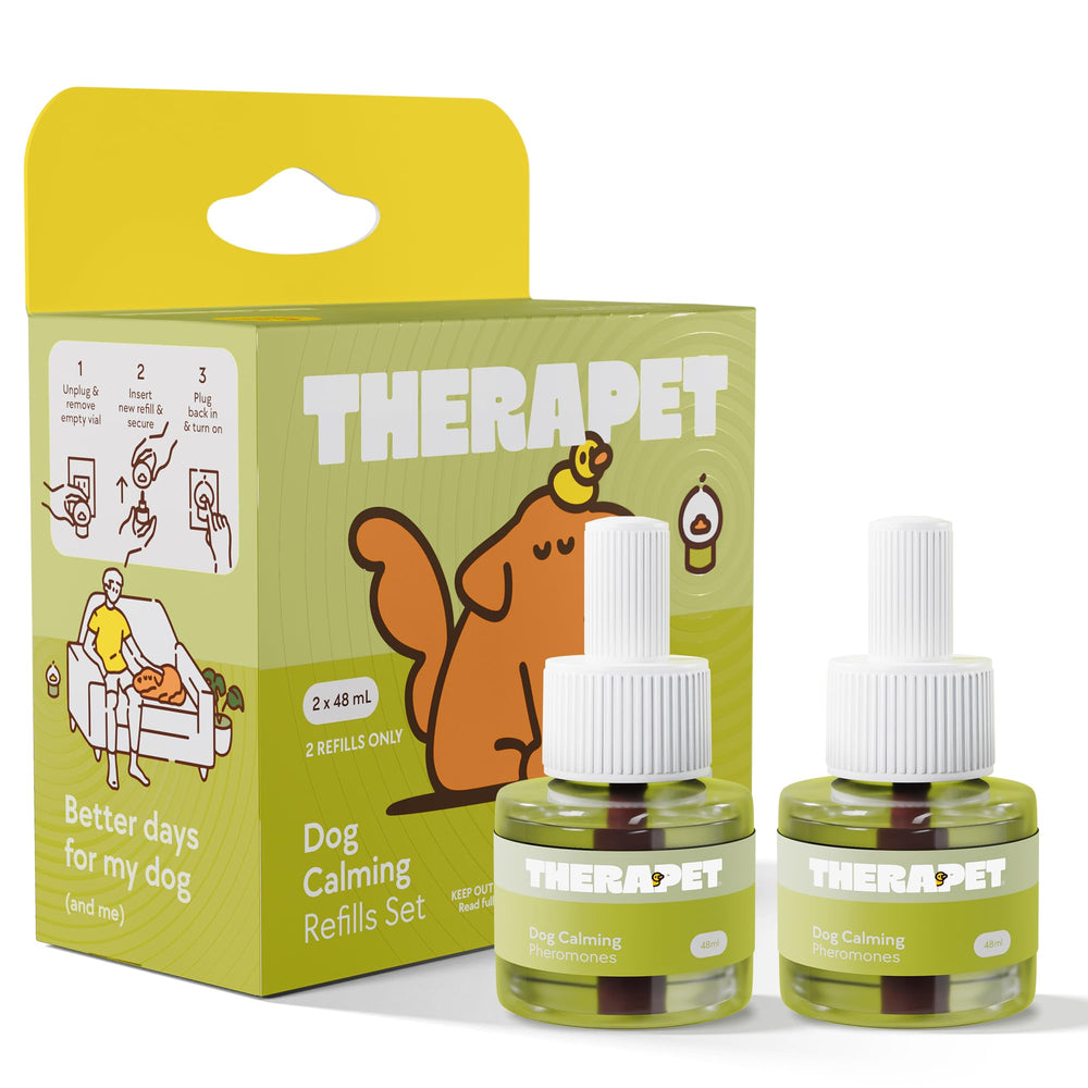TherapetMD dog calming diffuser refill 2-pack shows a 60-day supply for anxious dogs.