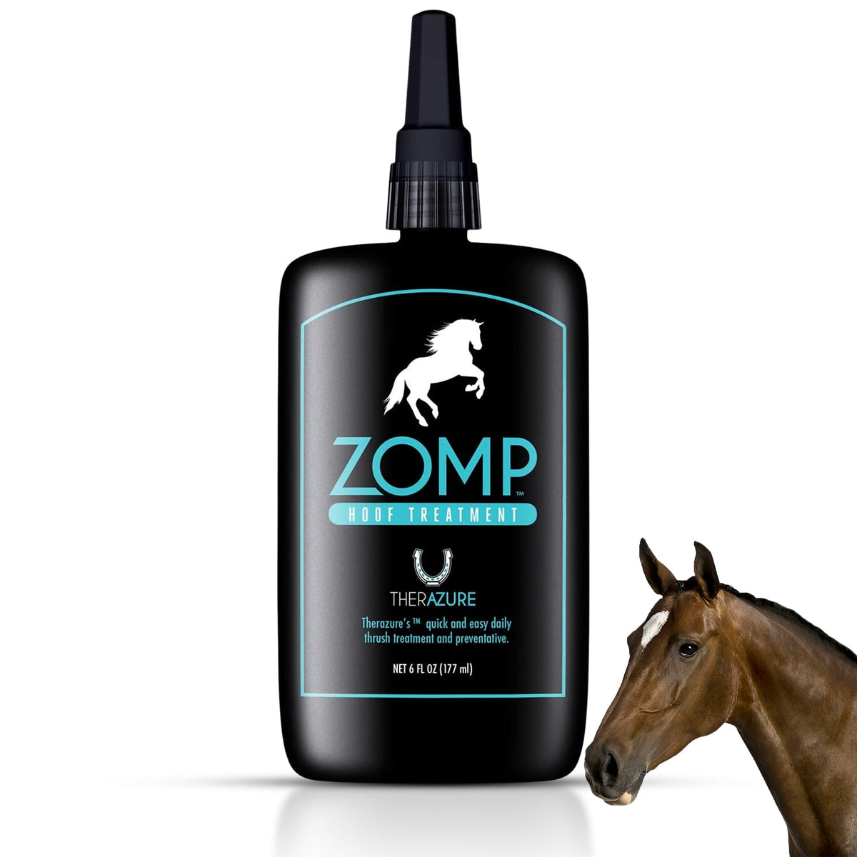 Therazure Zomp hoof thrush bottle closeup shows copper-based formula for easy daily hoof care.