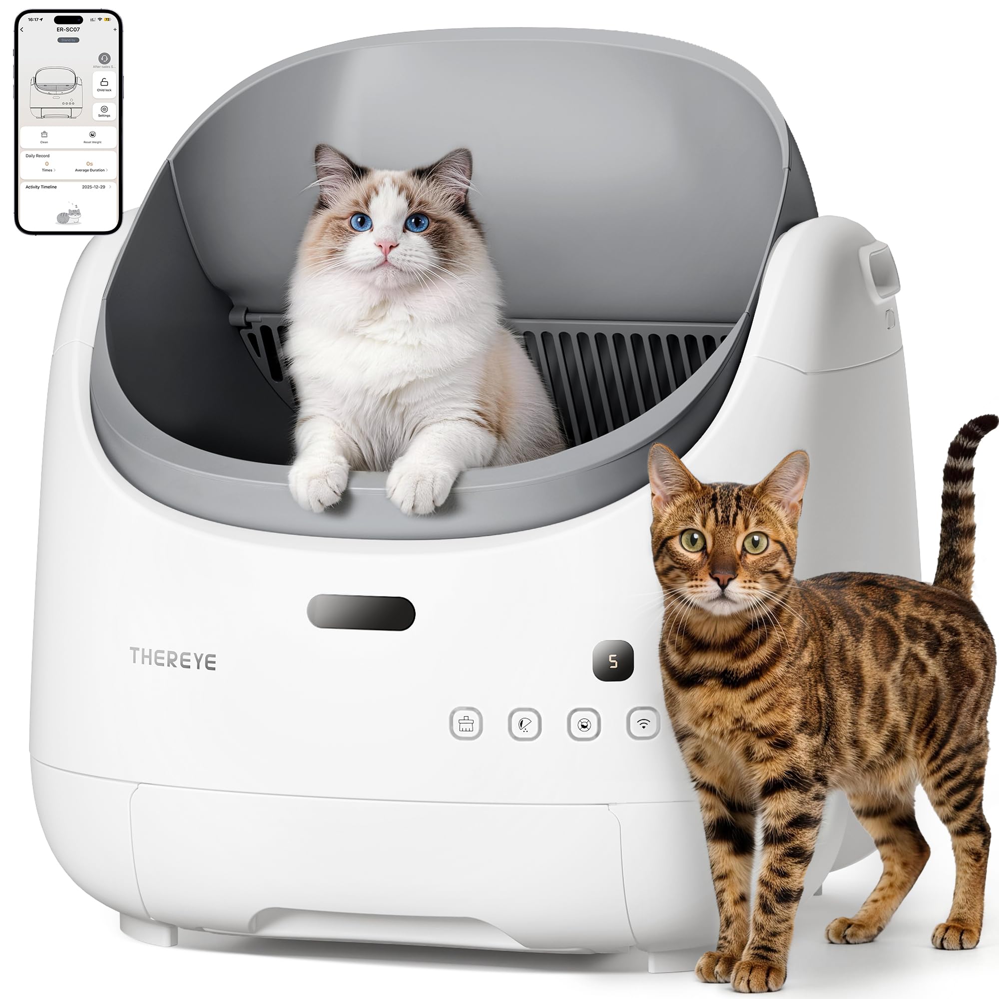 Thereye self-cleaning cat litter box with open top for easy access and multi-cat use.
