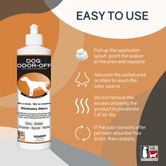 Thornell Dog Odor-Off soaker application demonstrates direct odor targeting.