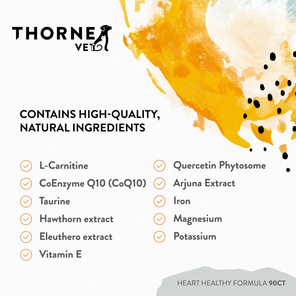 Bag shows ThorneVET Heart Healthy Formula powder form as a flexible supplement option.