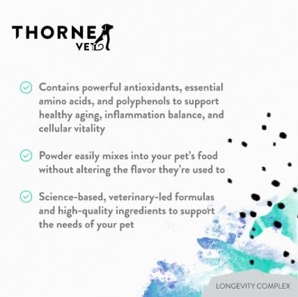 ThorneVet Longevity bottle open implies simple daily dosing for dogs and cats