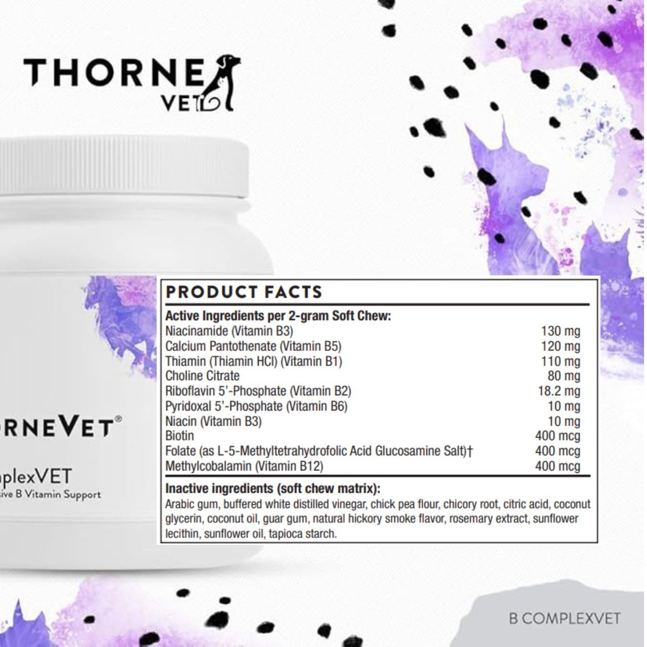 ThorneVET B ComplexVET ingredients list featuring B1 through B12 and more.