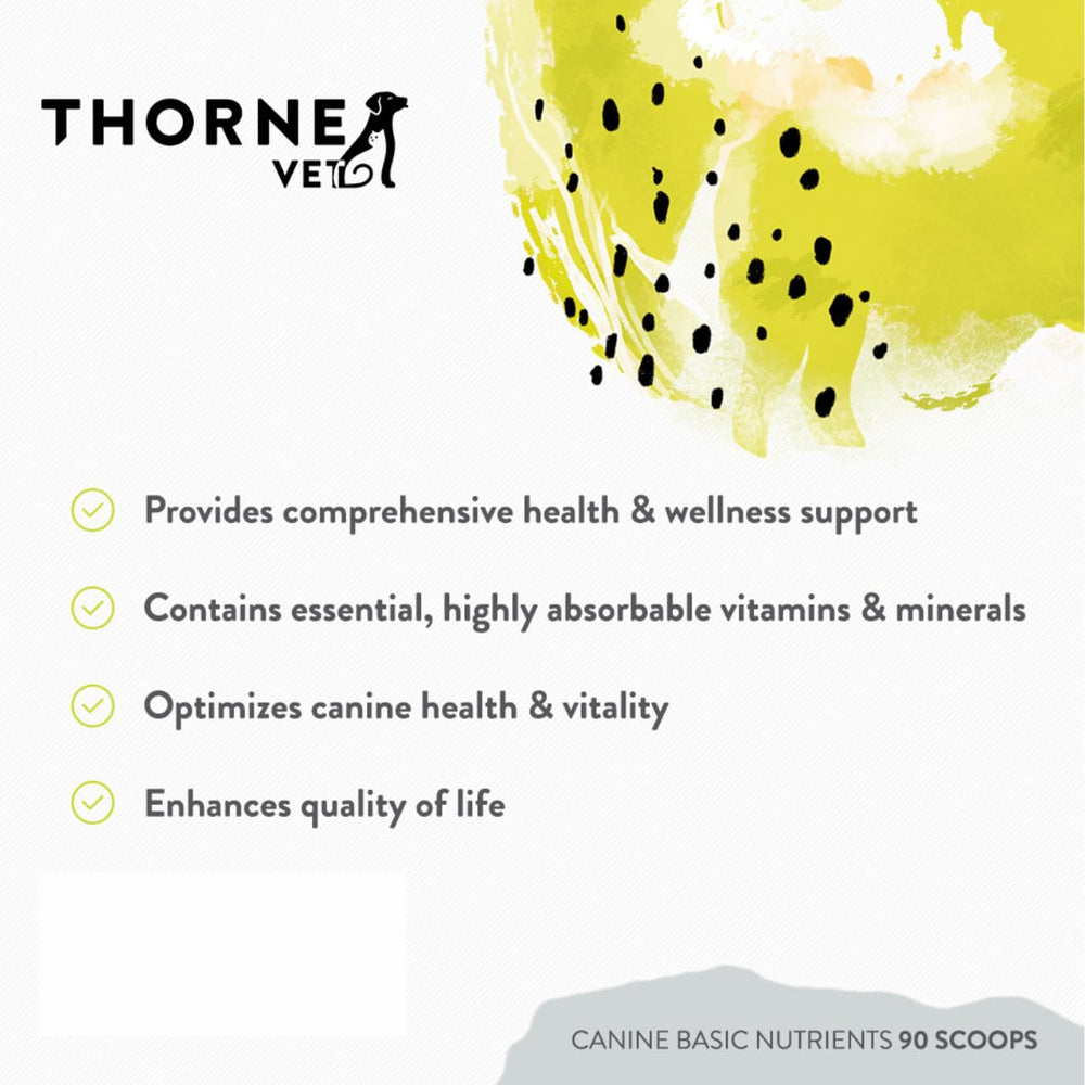 ThorneVet Canine Basic Nutrients Powder supports adult dog health and vitality.