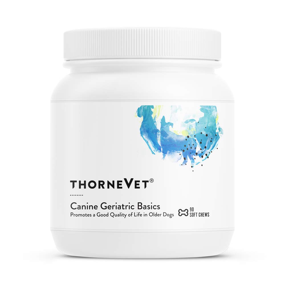 ThorneVET Canine Geriatric Basics bottle with daily chews supporting aging dogs