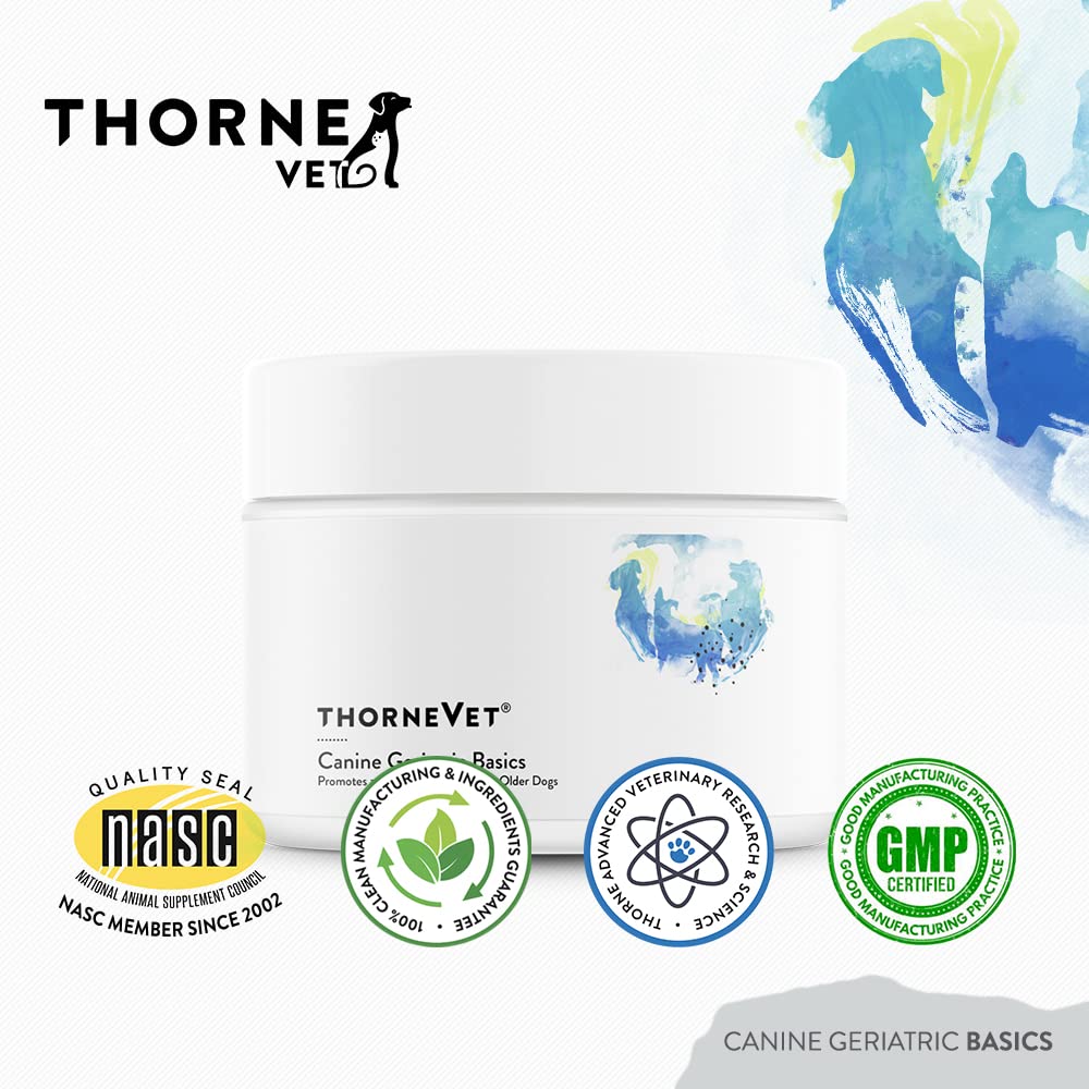 ThorneVet Canine Geriatric Basics added to meals supports aging-dog routines.