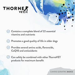 ThorneVet Canine Geriatric Basics powder sprinkled into dog food for daily support.