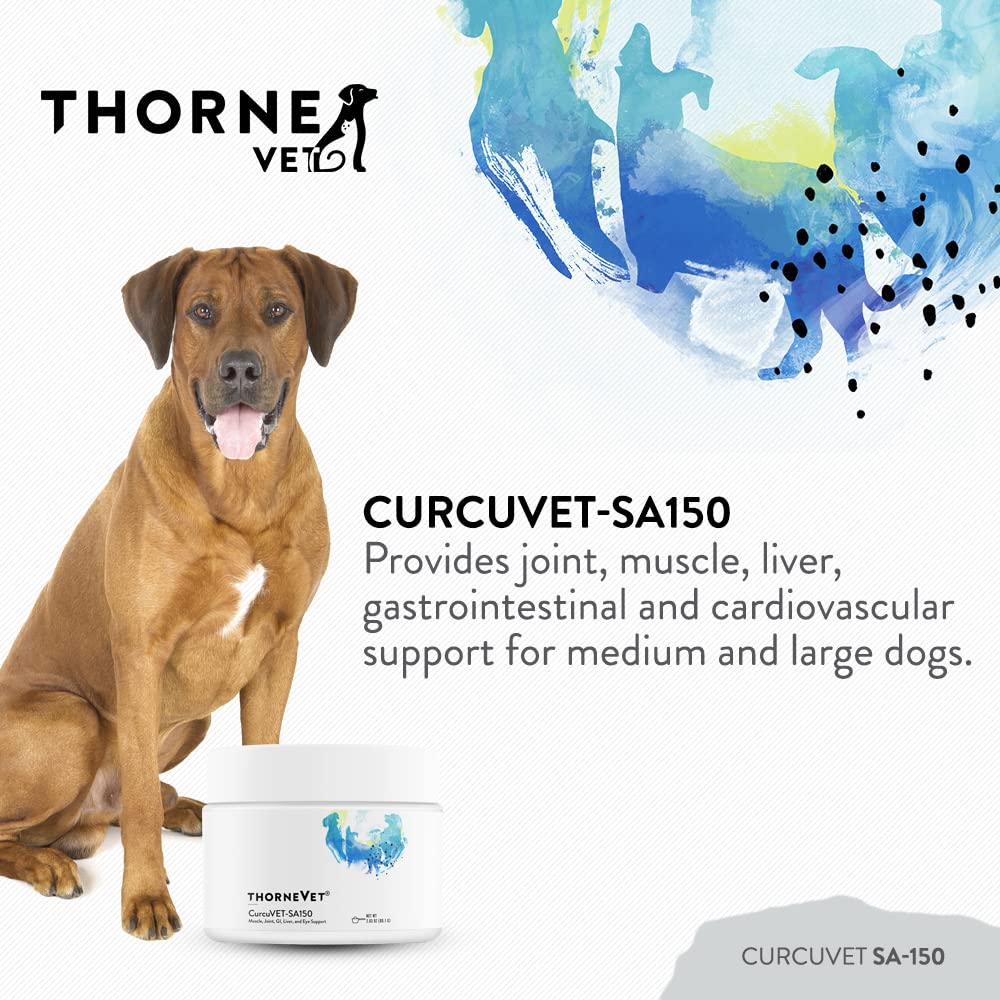 ThorneVet CurcuVET-SA150 label highlights curcumin for joint and liver support.