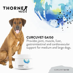 ThorneVet CurcuVET-SA150 label highlights curcumin for joint and liver support.