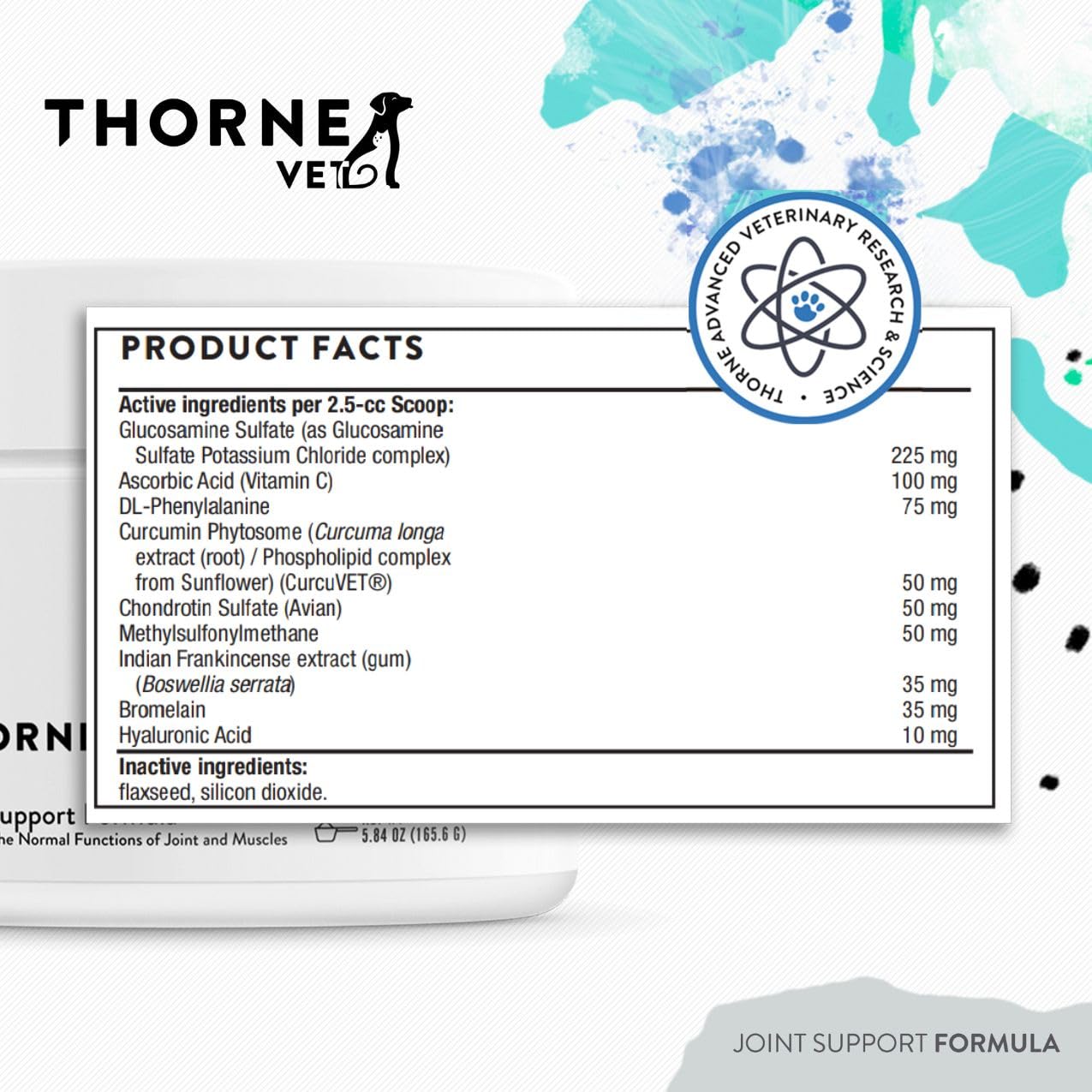 Measuring scoop with ThorneVet powder ready to mix for daily joint care