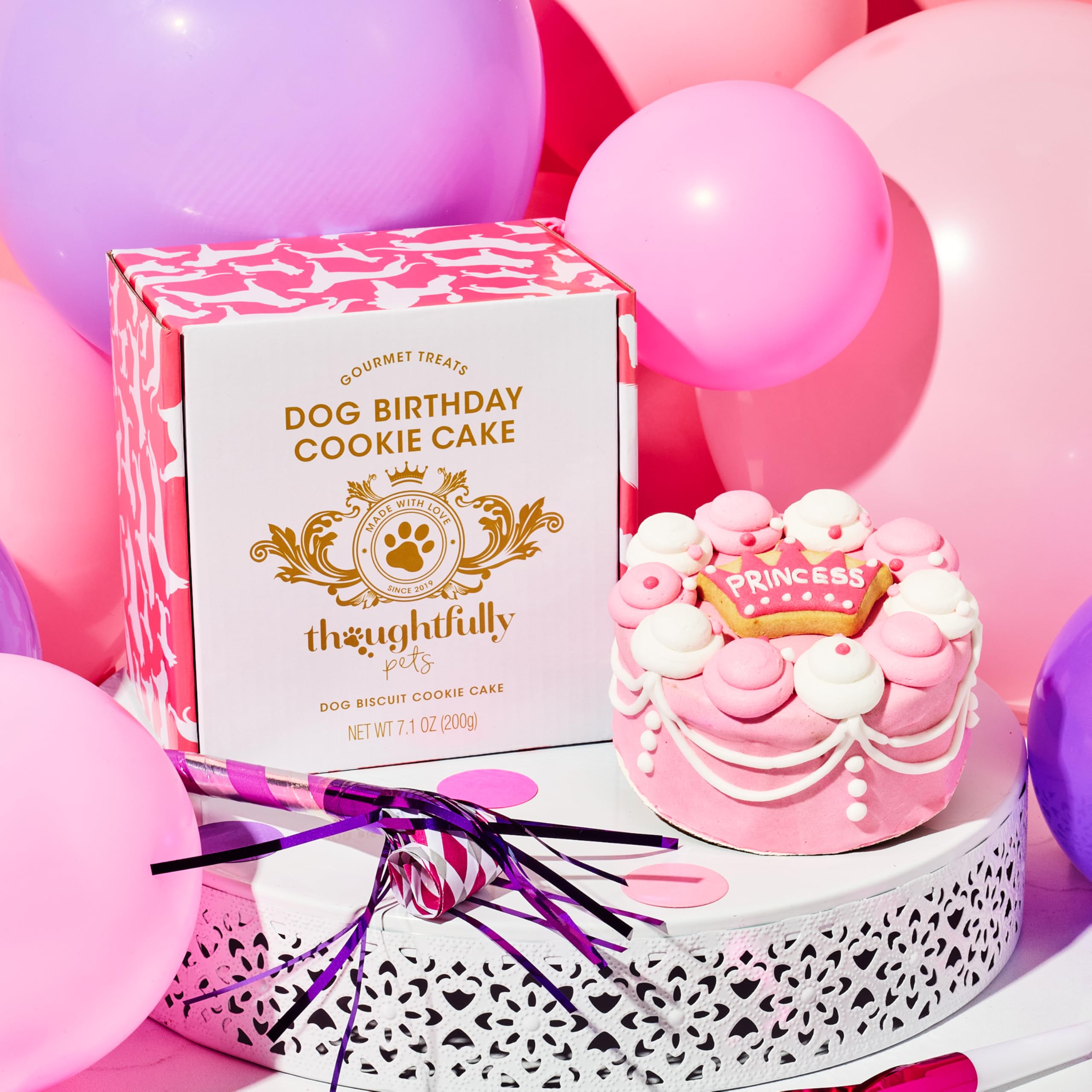 Thoughtfully Pets gift basket-ready packaging, perfect for gifting to a party-loving pup.