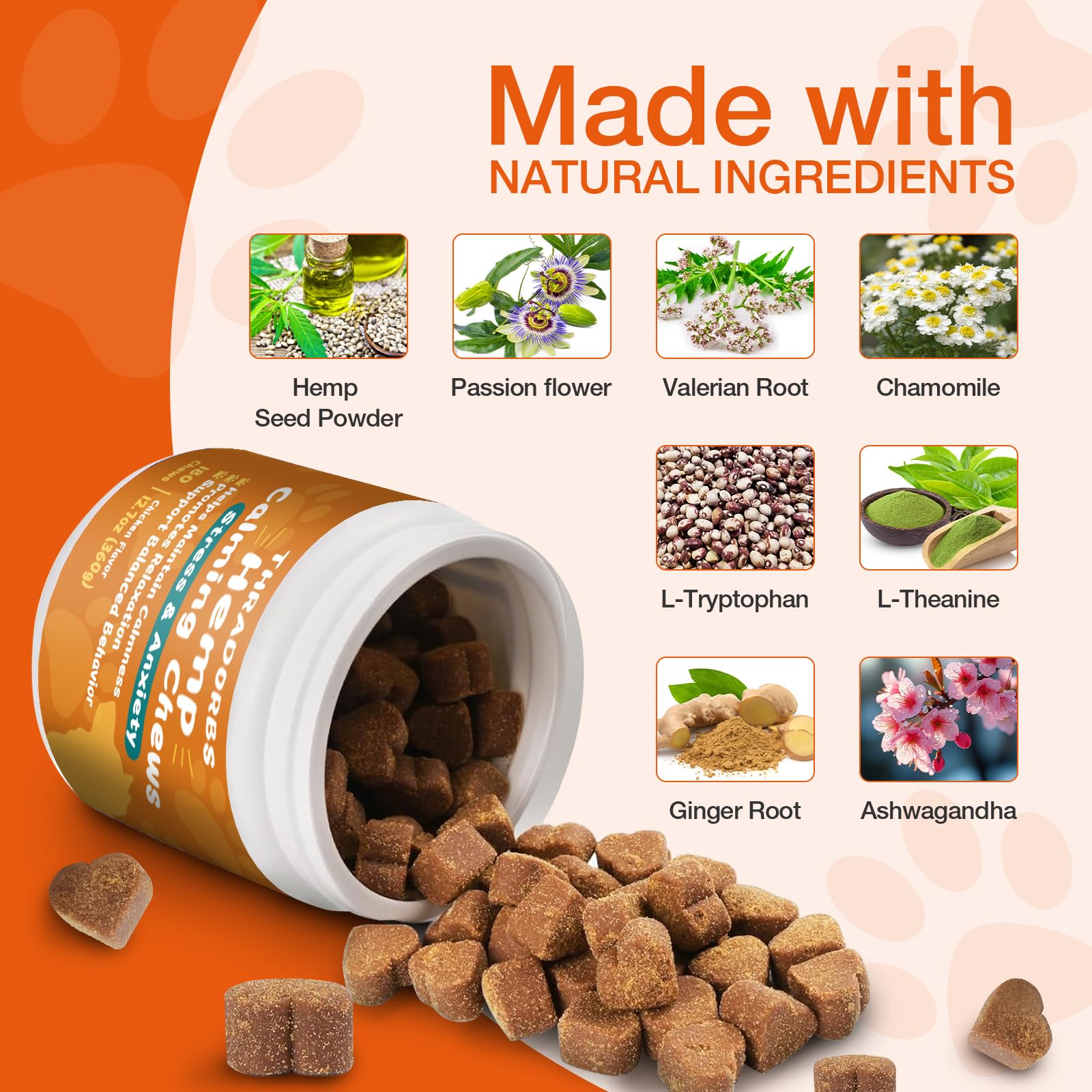 THRADORBS calming chews close-up ingredients showcase herbal blend for relaxation