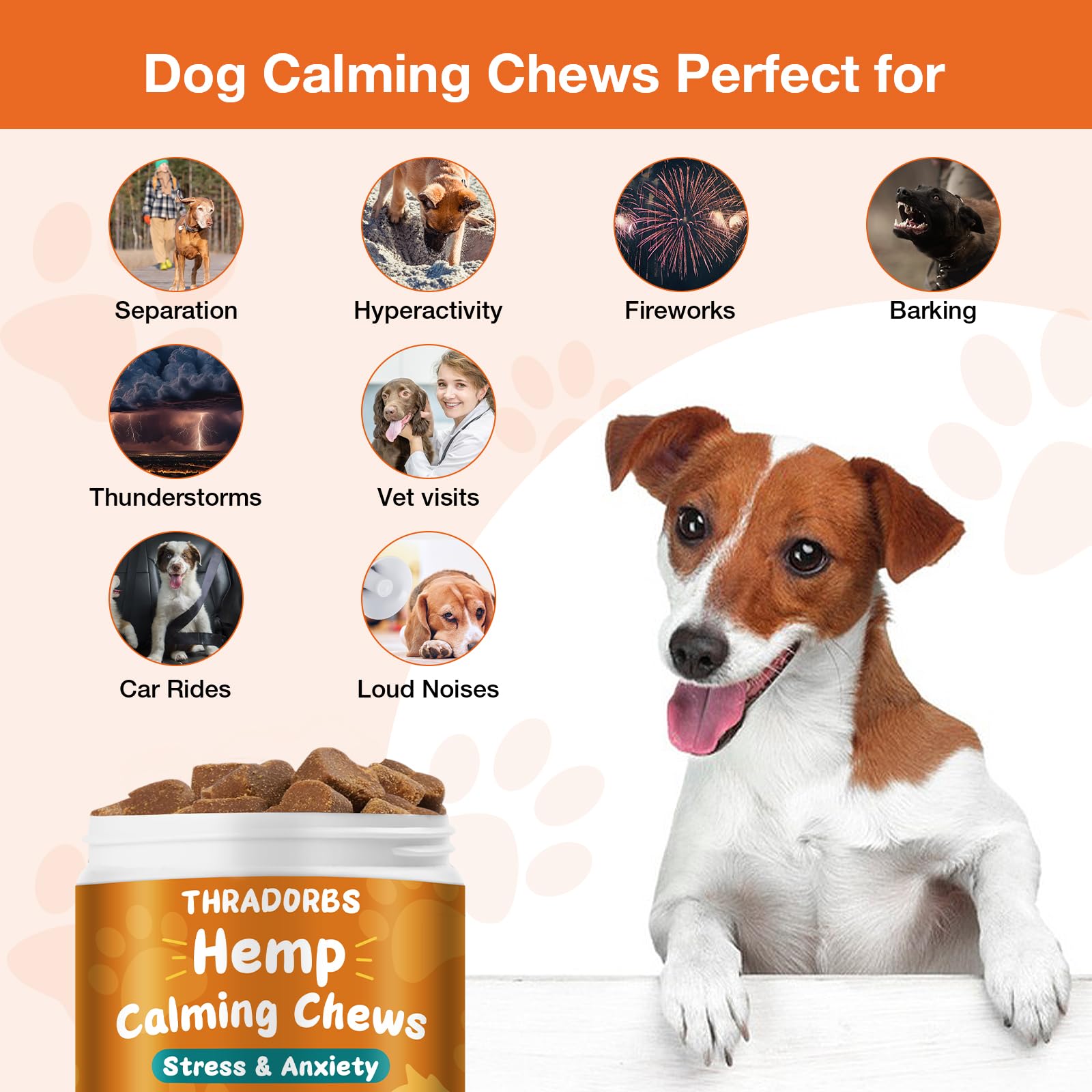 THRADORBS dog calming chews during travel ease car ride anxiety