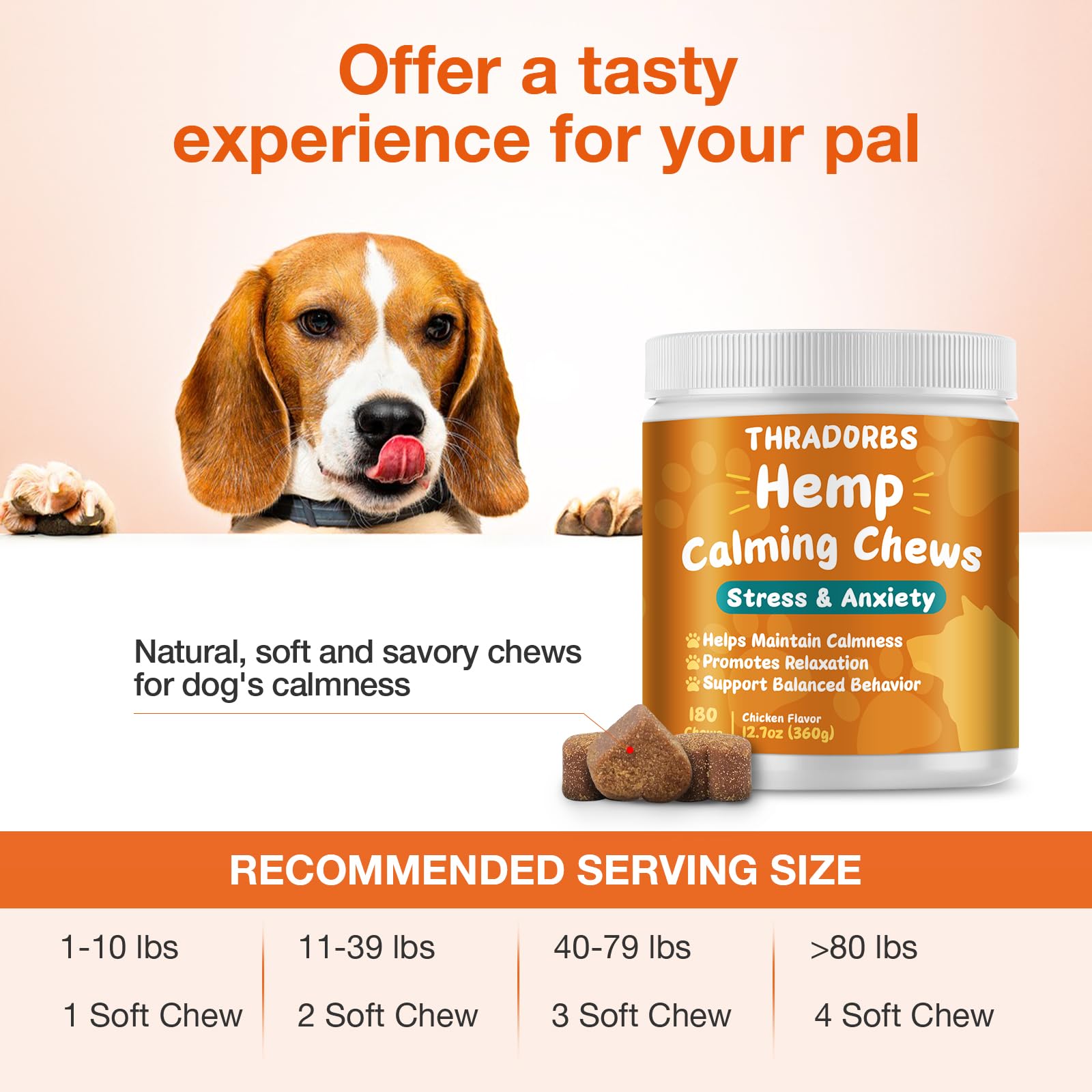THRADORBS packaged 180-count calming chews offer convenient daily use