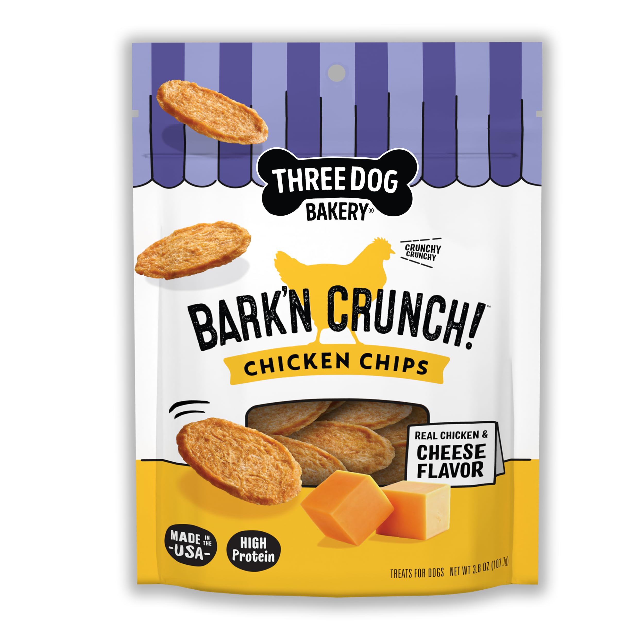 Three Dog Bakery Bark'N Crunch chicken chip close-up, showcasing real chicken flavor for tasty training rewards.