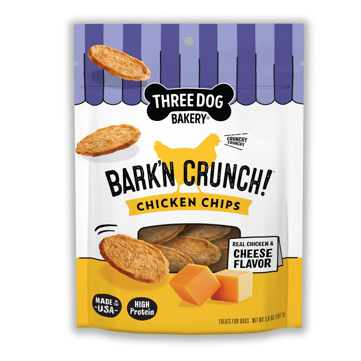 Three Dog Bakery Bark'N Crunch chicken chip close-up, showcasing real chicken flavor for tasty training rewards.